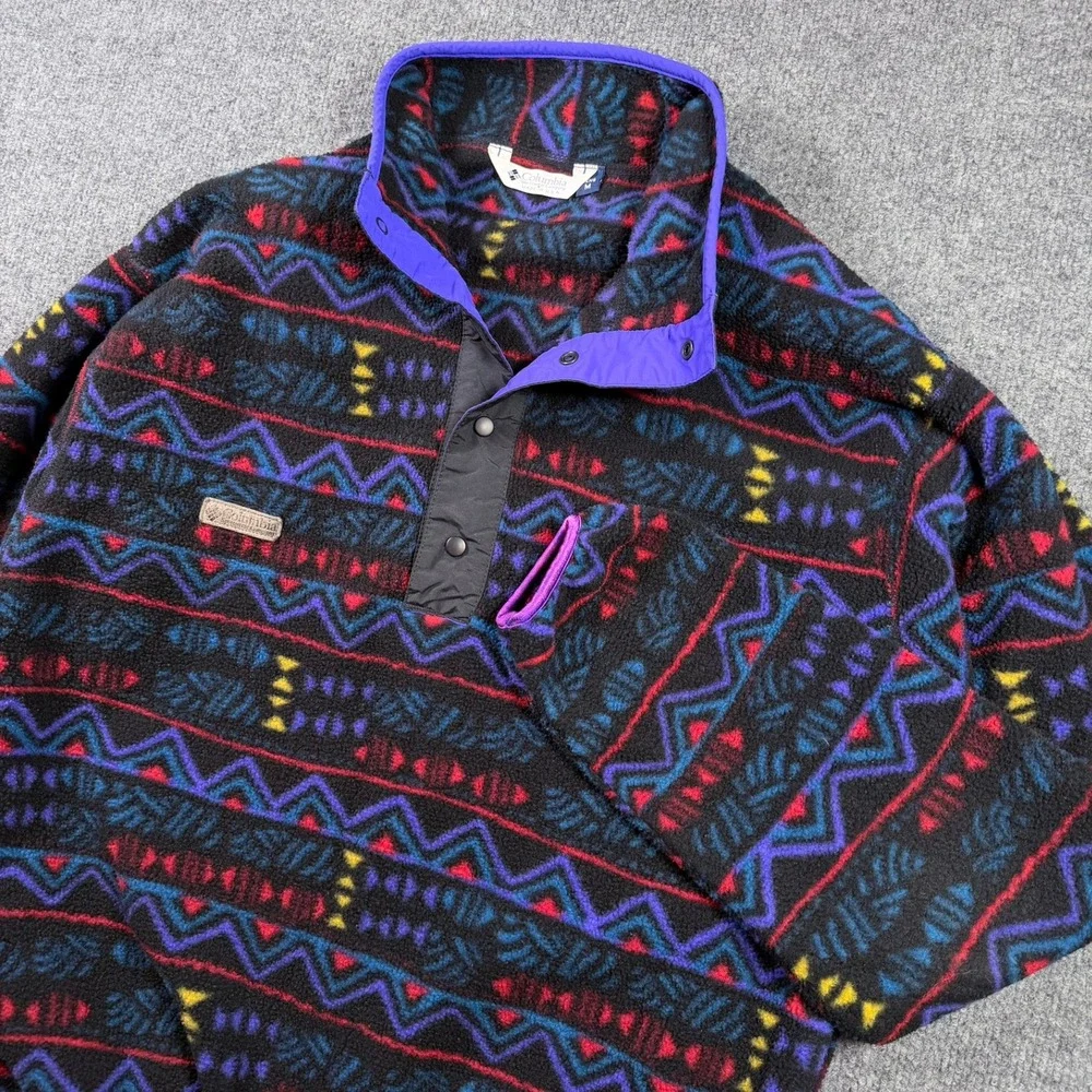 Columbia Aztec Geometric Vintage 90s Made in USA T Snap Fleece Pullover M Black